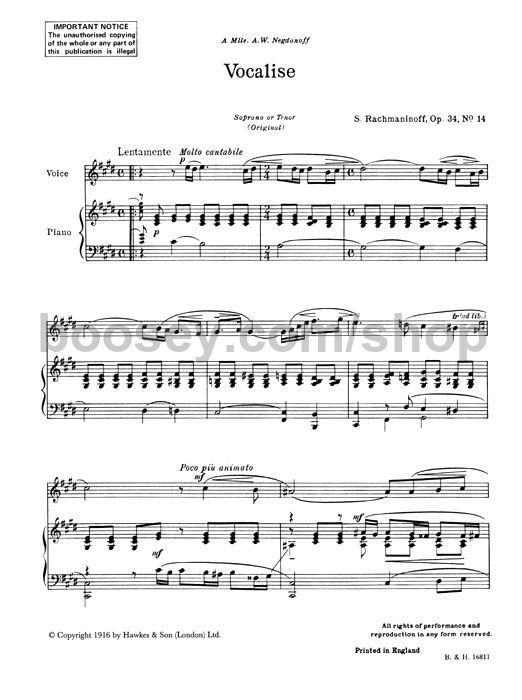 sergei rachmaninoff vocalise for high voice in c minor vocalise sheet music