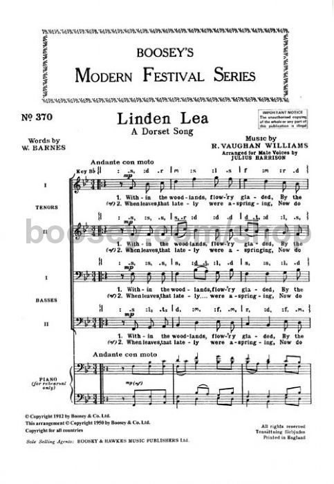 ralph vaughan williams linden lea ttbb linden lea sheet music