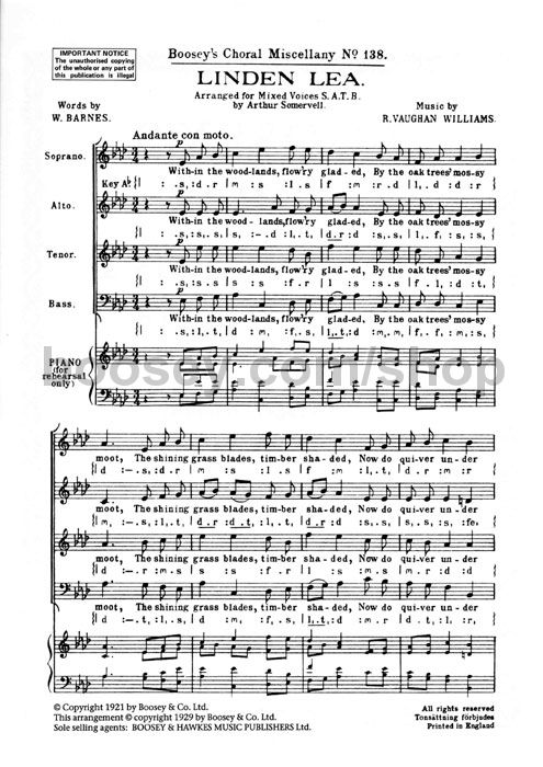 ralph vaughan williams linden lea satb linden lea sheet music