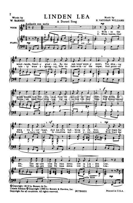 ralph vaughan williams linden lea choral unison piano linden lea sheet music