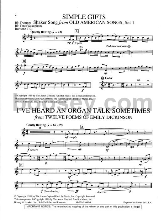 aaron copland copland for trumpet tenor sax baritone t c fanfare for the common man trumpet sheet music