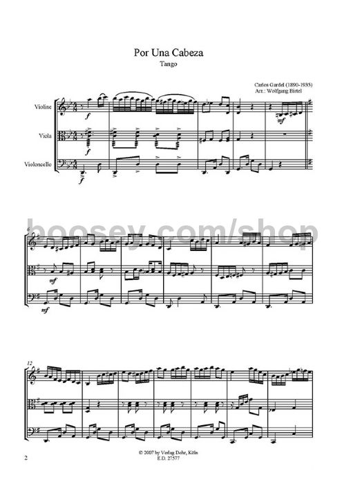 gardel carlos por una cabeza violin viola cello por una cabeza piano sheet music