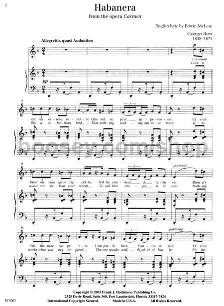 bizet georges habanera from the opera carmen piano vocal habanera sheet music