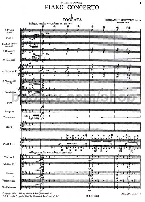 Benjamin Britten Piano Concerto Op 13 Study Score