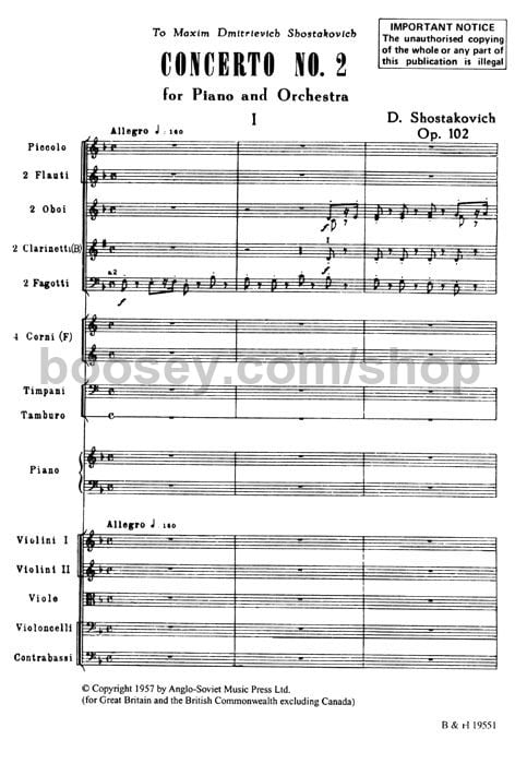 siga adelante cocina oportunidad Dmitri Shostakovich - Piano Concerto No.2 Op. 102 (Hawkes Pocket Score -  HPS 796)