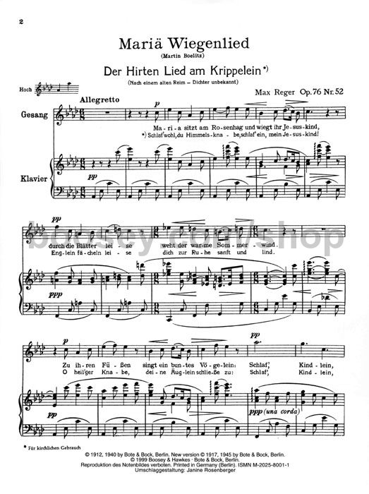 Max Reger Mariae Wiegenlied Op. 76/52 (High Voice & Piano)
