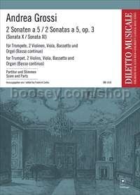 2 Sonatas op. 3 - trumpet, 2 violins, viola, bassetto and organ (basso continuo) (score and parts)