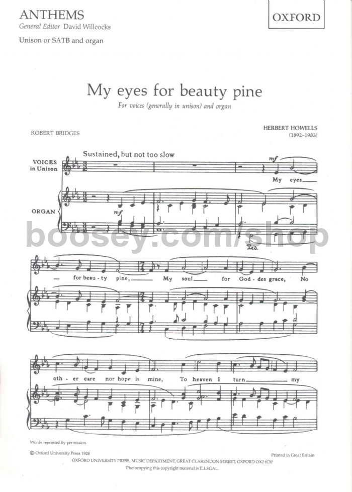 Herbert Howells My Eyes For Beauty Pine Uor Satb Organ