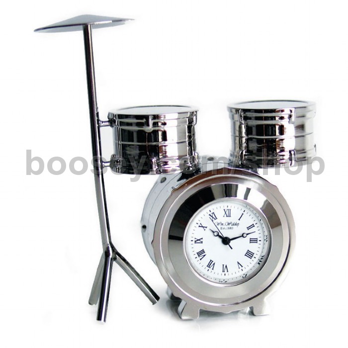 Miniature Drum Kit Novelty Silver Red & Black Tone Metal Collectors Clock 0341