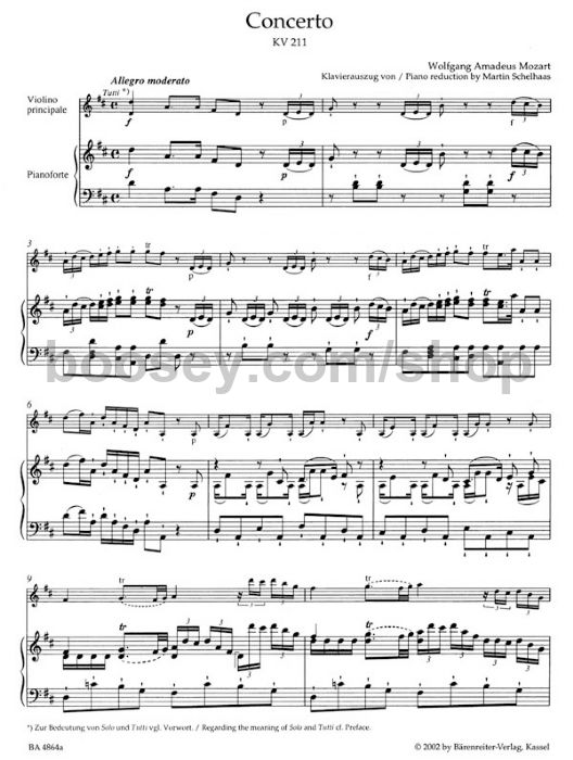 Wolfgang Amadeus Mozart Violin Concerto No2 K211 Violin & Piano