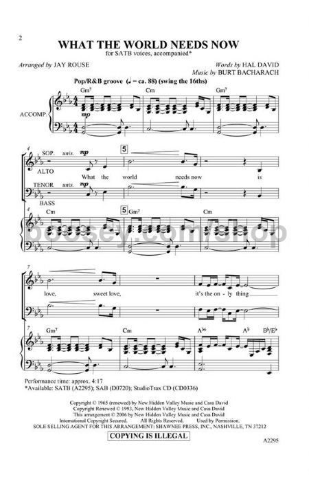 Bacharach Burt What The World Needs Now Is Love For Satb Choir Bacharach Burt What The World Needs Now Is Love For Satb Choir