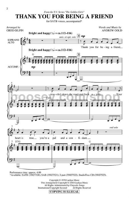 Gold Andrew Thank You For Being A Friend For Satb Choir