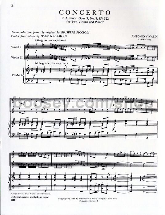 Antonio Vivaldi Double Violin Concerto In Amin Op 3 8 Rv522 For 2 Violins Piano